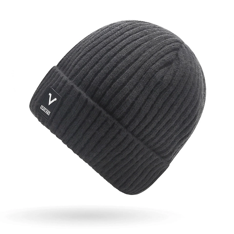 Herren Winter Strickmütze Fleece Gefüttert Warm Outdoor Radfahren Mütze Einfarbig Gerippte Beanie Mit Buchstaben Patch