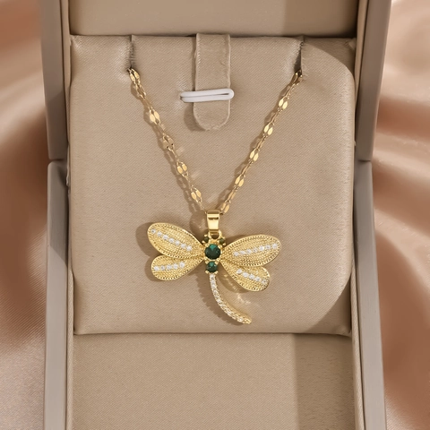 Elegant Dragonfly Pendant Necklace Stainless Steel Gold Chain Green White Rhinestone Jewelry For Women Gift Banquet Daily