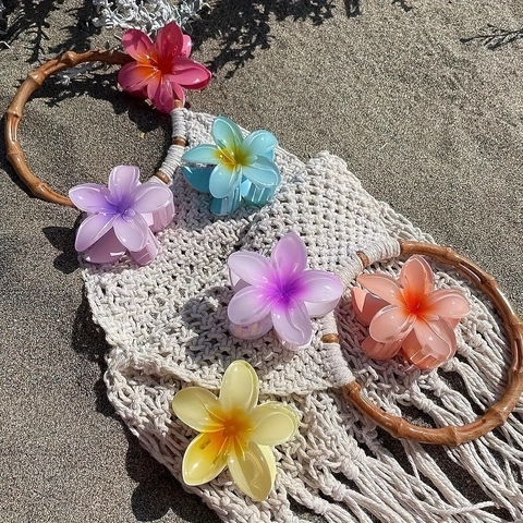 Plumeria Flower Hair Claw Clip Acrylic Resin Matte Gradient Summer Beach Vacation Shark Clip Accessory For Women