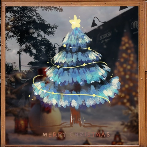 Christmas Tree Window Sticker Blue Static Cling PVC Double Sided Removable Glass Door Decal Holiday Party Decor