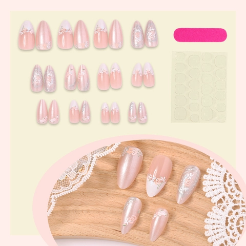 French 3D Flower Press On Nails Almond Shape Floral Lace Elegant Aurora Glossy Plastic Artificial Fingernails For Women