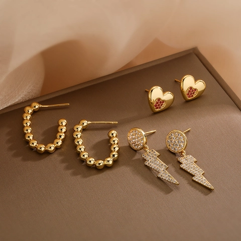 Orecchini In Rame Placcati Oro 18K Zircone Cuore Fulmine Geometrico Con Perline Per Donna Gioielli Retro