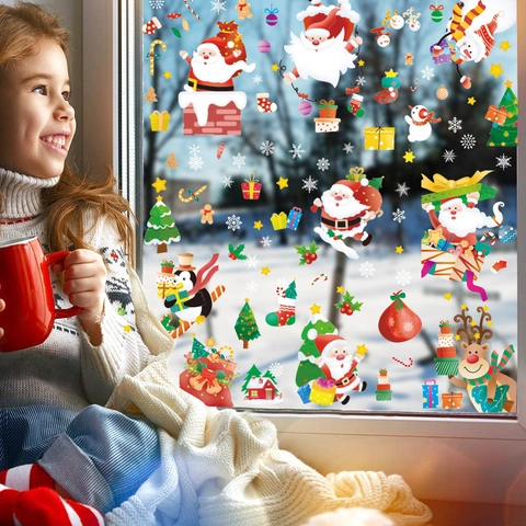 Christmas Window Clings Static Stickers PVC Santa Snowman Reindeer Snowflake Festive Glass Decals Reusable