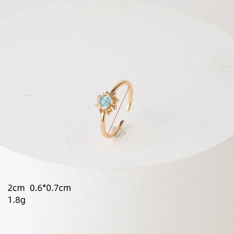 Anello Regolabile Vintage Sole Ottone Placcato Oro 14K Pietra Color Turchese Gioielli Boho Da Donna