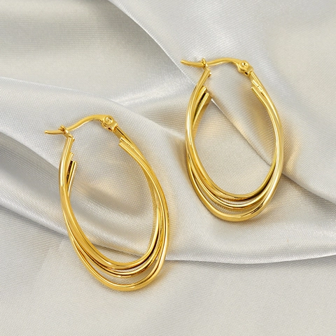 Dreifach Geschichtete Ovale Creolen 18K Vergoldeter Edelstahl Minimalistischer Geometrischer Modeschmuck Für Damen