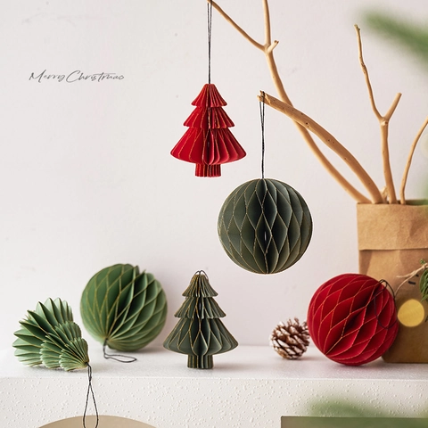 Christmas Paper Hanging Decorations Honeycomb Balls Origami Trees Gold Glitter Edge Holiday Party Home Decor