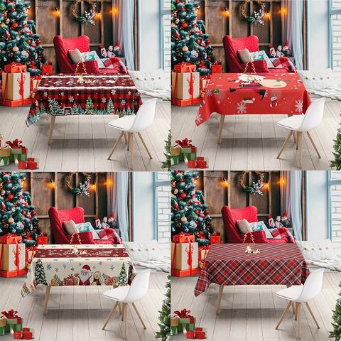 Mantel De Navidad Rojo Cuadros Rectangular Poliéster Franela Papá Noel Reno Copo De Nieve Estampado Cubierta De Mesa De Comedor Decoración