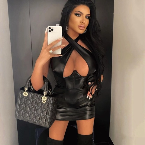 Women Sexy Halter Neck Mini Dress PU Faux Leather Hollow Out Cut Out Slim Fit Sleeveless Party Clubwear