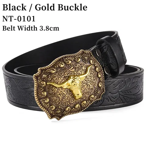 Men's Western Cowboy PU Leather Belt With Vintage Bull Head Alloy Buckle Embossed Floral Pattern Punk Waistband For Casual Daily Jeans
