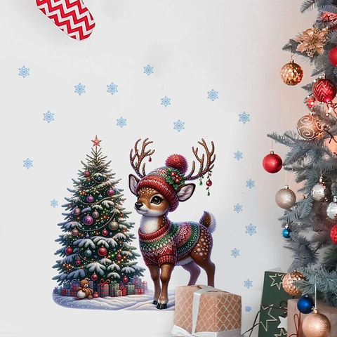 Christmas Wall Stickers PVC Removable Reindeer Snowman Tree Snowflakes Living Room Bedroom Glass Decor Cartoon Festive