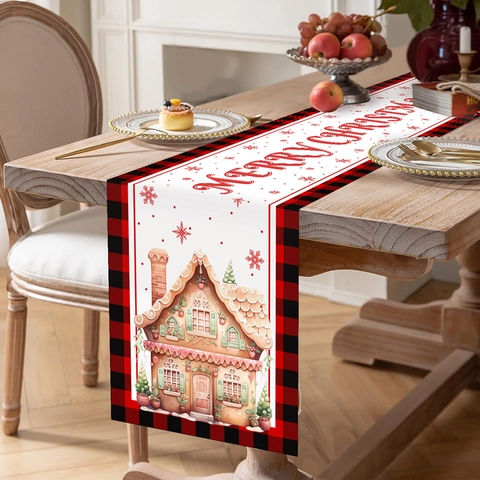 Kerst Tafelloper Polyester Rood Zwart Geruit Peperkoekhuisje Sneeuwvlok Patroon Feestelijke Eettafel Decoratie