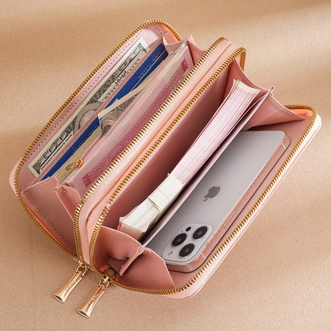 Women Long Wallet PU Leather Double Zipper Large Capacity Phone Pocket With Wrist Strap Geometric Pattern Elegant Clutch