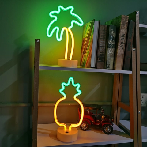 LED Neon Light Sign Coconut Tree Pineapple Shape Dual Color Atmosphere Desktop Lamp Battery USB Powered Night Light Decor