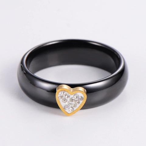 Heart Shaped Ring 304 Stainless Steel Black Ceramic Glaze Cubic Zirconia Glossy Polished Fashion Jewelry Women
