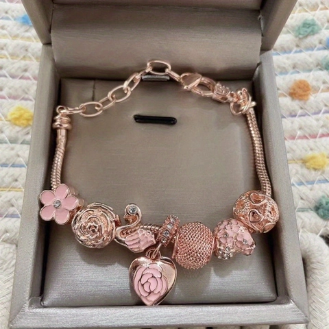 Bracciale Con Ciondoli A Perline Color Oro Rosa Lega Fiore Rosa Cigno Cuore Rosa Pendente Gioielli Romantici Regalo Per Donne