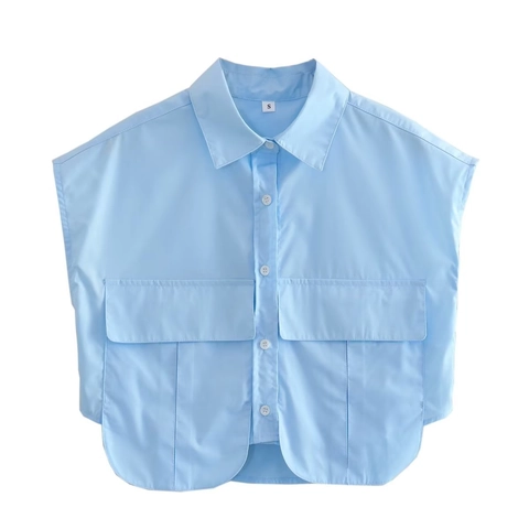 Women Sleeveless Crop Shirt Lapel Loose Casual Button Down Cargo Vest Top With Pockets Solid Color Summer Y2K Streetwear