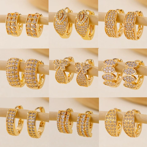 Gold Plated Brass Hoop Earrings With Sparkling Cubic Zirconia Elegant Fashion Jewelry For Women Daily Party Accessories