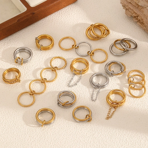 Geometrische In Elkaar Grijpende Bandringen Roestvrij Staal Meerlaags Goud Zilver Kleur Strass Mode Sieraden Voor Vrouwen