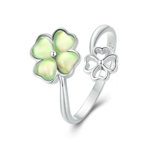 925 Sterling Silver Four Leaf Clover Open Ring For Women Adjustable Lucky Green Stone Hollow Out Fashion Finger Jewelry