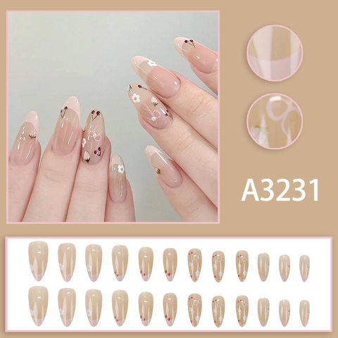 Kunstnagels Amandelvorm Franse Stijl Kers Bloem Strik Ontwerp Zoet Schattig Kunstmatige Nagels Voor Vrouwen