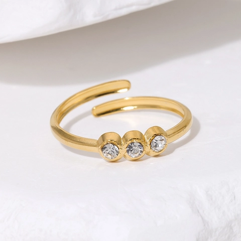 Bague Ajustable En Acier Inoxydable Pour Femmes Plaqué Or 18K Avec Trois Pierres De Zircon Bijoux Élégants