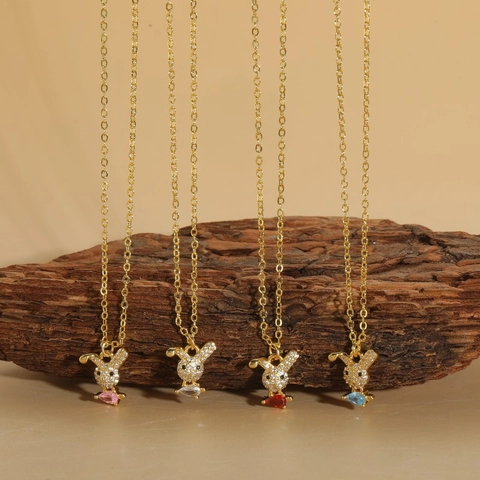 Simpatica Collana con Ciondolo Animale Cartone Animato in Rame Smaltato per Donna Coniglio Elefante in Zirconia Colorata Catena placcata in oro