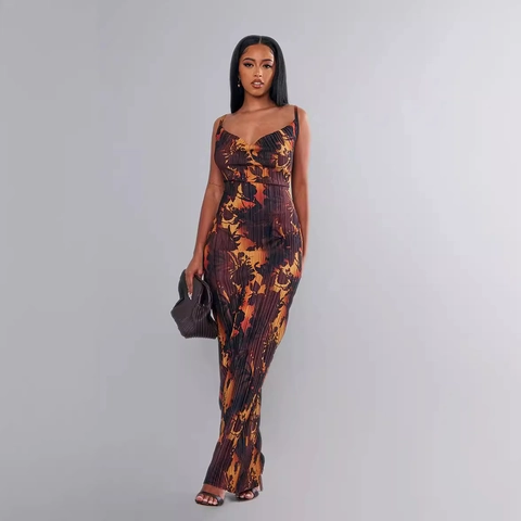 Women Pleated Maxi Dress Floral Abstract Print Spaghetti Strap Slim Fit Cowl Neck Vacation Style