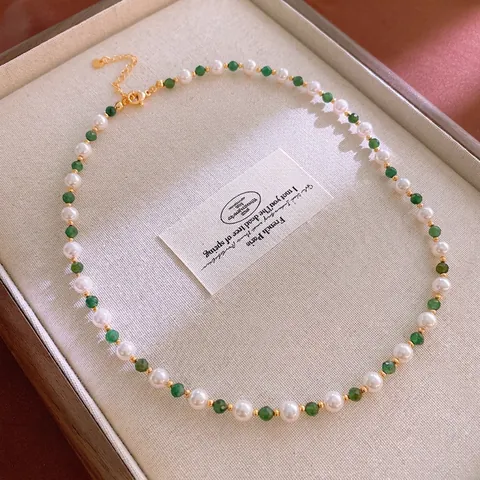 Collana Di Perline Con Künstliche Perle Artificiali E Pietra Naturale Verde Catena Da Clavicola Elegante Retro Per Donna Rame Placcato Oro