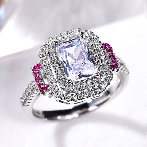 Women Engagement Ring Emerald Cut Zircon Double Halo Copper White Gold Plated Pink Stone Luxury Geometric Wedding Jewelry