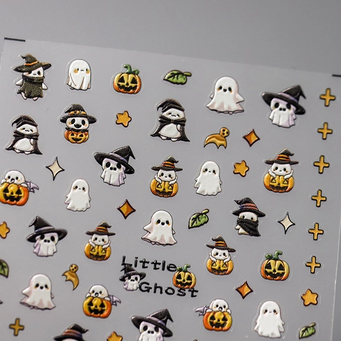 Halloween Nail Stickers 5D Relief Little Ghost Pumpkin Embossed Self Adhesive Cute Cartoon Manicure Decoration