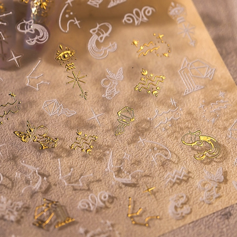 Zodiac Nail Art Stickers Metallic Gold White Astrology Star Moon Decals Self Adhesive Manicure Decoration For Women Elegant