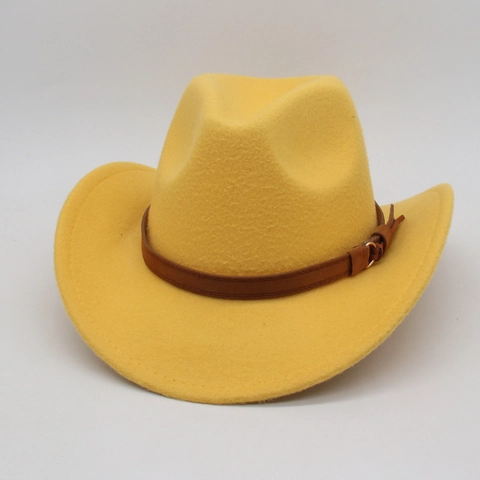 Chapeau De Cow-Boy Western À Bord Large Feutre Fedora Avec Sangle En Cuir Boucle Style Jazz Vintage Pour Hommes Femmes