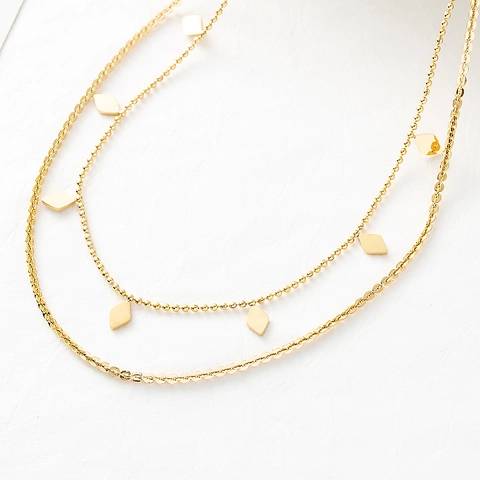 Collana A Doppio Strato Con Pendente A Rombo Acciaio Inossidabile Placcato Oro 18K Choker Minimalista Donna