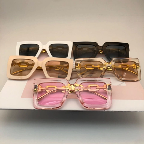 Oversized Square Sunglasses Retro PC Metal Chain Temples UV400 Protection Fashion Vintage Shades Women Men Travel