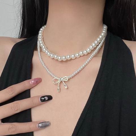 Collana Doppio Strato Di Künstliche Perle Imitazione Ciondolo Fiocco Elegante Zircone Strass Gioielli Donna