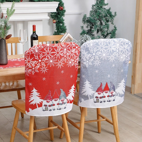 Christmas Chair Back Covers Linen Burlap Gnome Snowflake Printed Festive Dining Room Decor Nordic Style