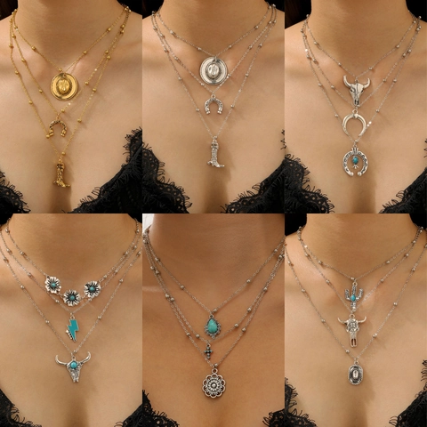 Western Cowboy Vintage Bohemian Layered Necklace Antique Zinc Alloy Bull Head Cowboy Hat Boots Horseshoe Turquoise Pendant Necklace Women Jewelry