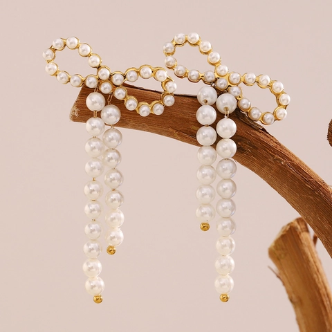 Stainless Steel Butterfly Bowknot Artificial Pearl Tassel Stud Earrings 18K Gold Plated Retro French Style Elegant Women Jewelry