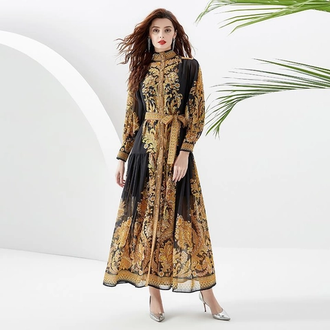 Barock Druck Maxi Kleid Stehkragen Lange Laternenärmel Elegant Vintage Resort Langes Kleid Mit Gürtel Damen