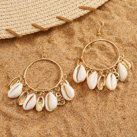 Boho Große Creolen Mit Natürlichen Muschelanhängern Legierung Edelstahl Ohrstecker Sommer Strand Schmuck