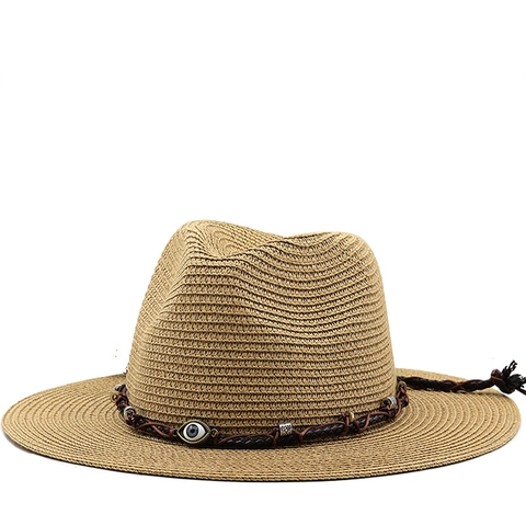 Straw Sun Fedora Hat Bohemian Evil Eye Braided Band Breathable Summer Beach Travel Wide Brim Panama Style Women Men