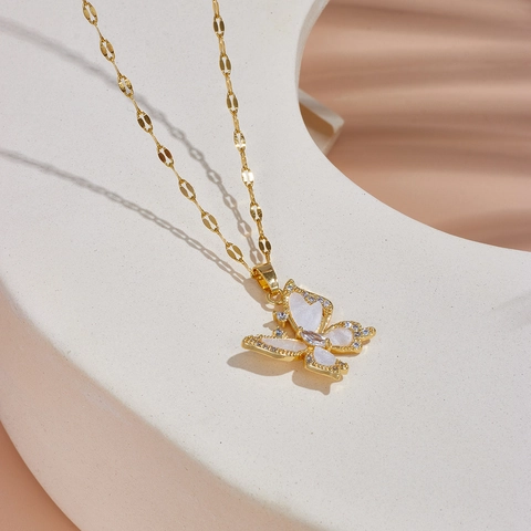 Butterfly Pendant Necklace Gold Plated Stainless Steel Mother Of Artificial Pearl Zircon Inlay Elegant Jewelry For Women