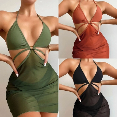 Halter Cut Out Bikini And Mesh Cover Up Skirt Sexy Ruched Swimsuit Beachwear Polyester Spandex Solid Color Women