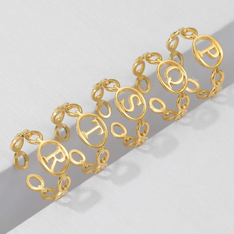 Minimalist Stainless Steel Alphabet Initial Letter Adjustable Open Rings For Women Fashion Hollow Cut-out Jewelry