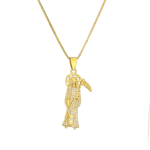 Collana Pendente Santa Muerte Croce Mietitore Placcato Oro Rame Zirconia Multicolore Hip Hop Gioielli Per Uomini Donne