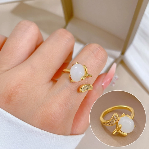 Fox Ring Gold Plated Brass White Faux Jade Zircon Open Adjustable Elegant Jewelry For Women