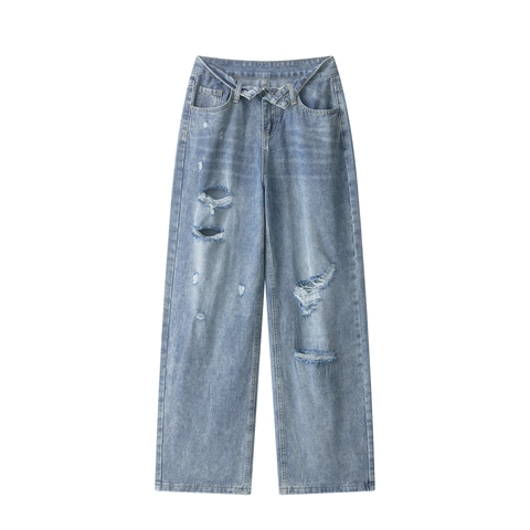 Vaqueros Rectos De Cintura Alta Para Mujer Rasgados Pantalones De Mezclilla De Algodón Lavado Azul Claro Casual