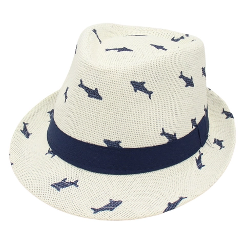 Chapeau Fedora en Paille Respirant Hommes Femmes Enfants Été Hawaïen Imprimé Requin Chapeau de Soleil Vacances Plage Jazz Cap