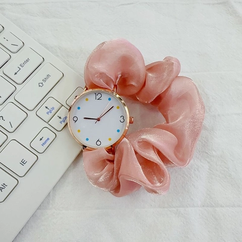 Women Quartz Watch With Scrunchie Fabric Strap Colorful Dot Markers Gold Alloy Case Elegant Analog Wristwatch For Girls