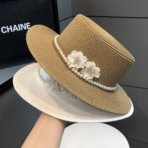 Damen Strohhut Mit Künstliche Perlen Und Blumenbreiter Krempe Sonnenschutz Verstellbar Elegant Sommer Strand Reise Accessoire
